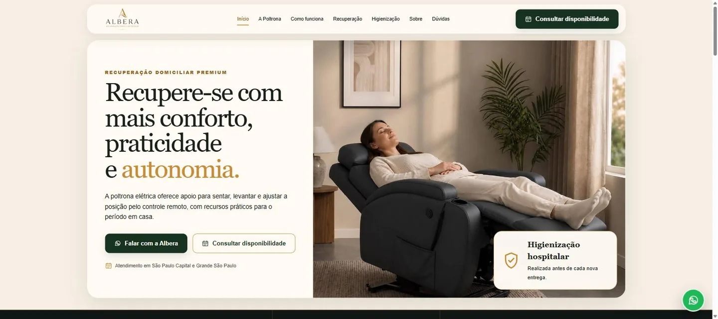 Página inicial do site da Albera Care: título 'Recupere-se com mais conforto, praticidade e autonomia' ao lado da foto de uma pessoa na poltrona reclinável.