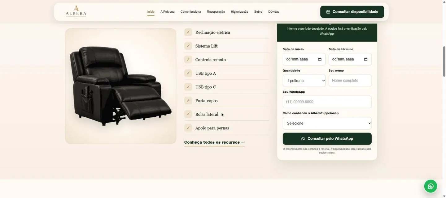 Seção de recursos da poltrona ao lado do formulário de consulta de disponibilidade, com data de início, término e envio pelo WhatsApp.